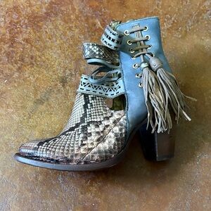 Chic Snake Print Heeled Boots with Fringe